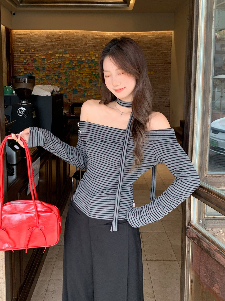 Black Gray Striped Off Shoulder Long Sleeve Top Women