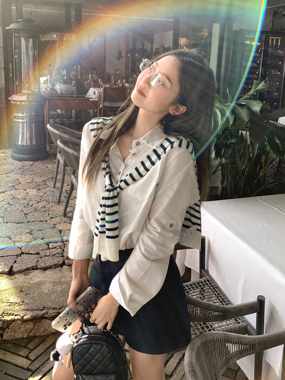 Korean Striped Shawl Polo Collar Shirt Women Autumn
