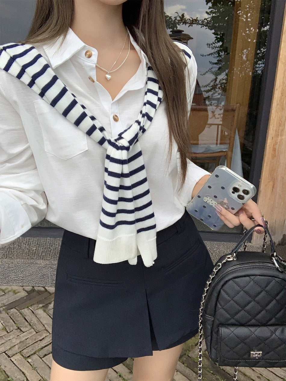 Korean Striped Shawl Polo Collar Shirt Women Autumn