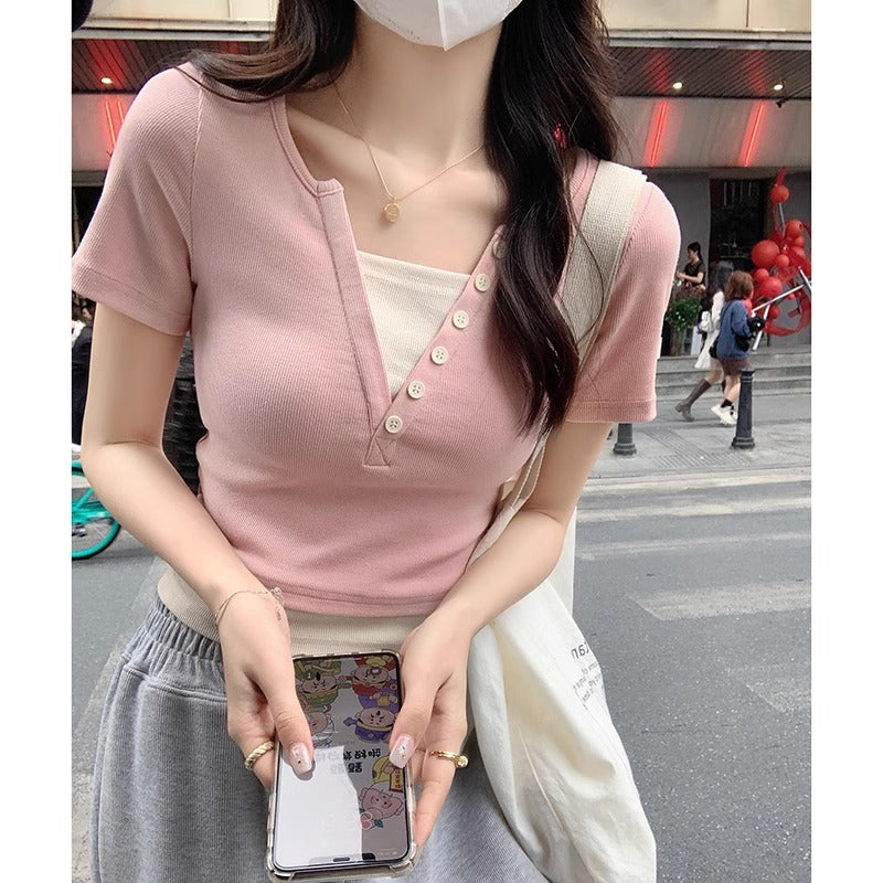 Pink V-Neck Faux Two-Piece Slim Fit T-Shirt Women