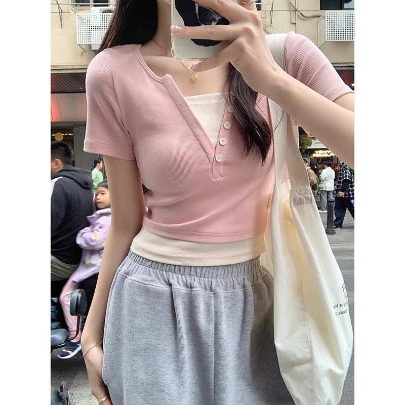 Pink V-Neck Faux Two-Piece Slim Fit T-Shirt Women