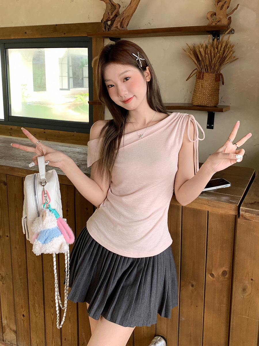 Off Shoulder Swing Collar Pleated Slim T-Shirt Women