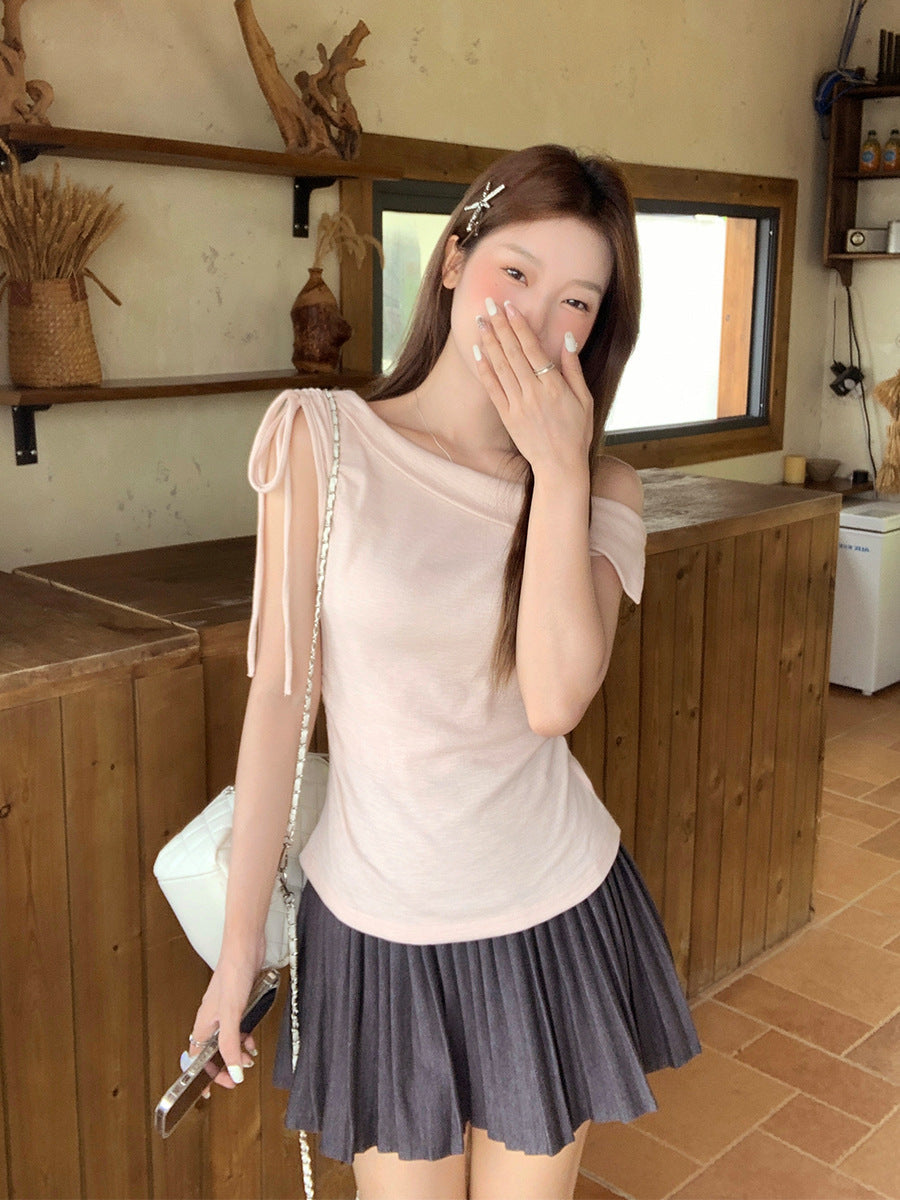 Off Shoulder Swing Collar Pleated Slim T-Shirt Women