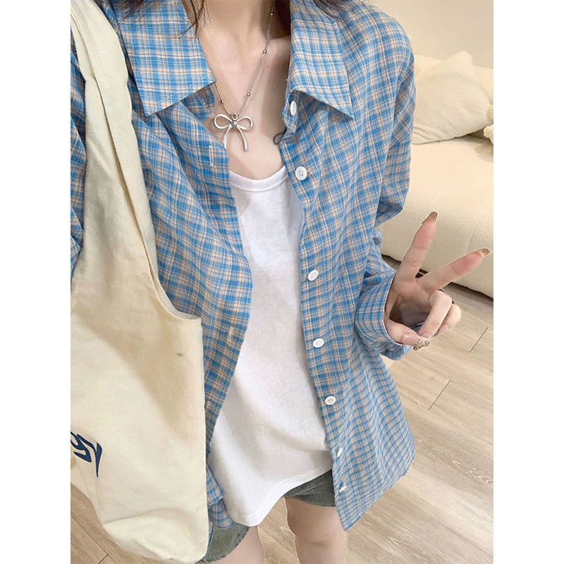 Blue Plaid Long Sleeve Shirt Women Loose Fit Top