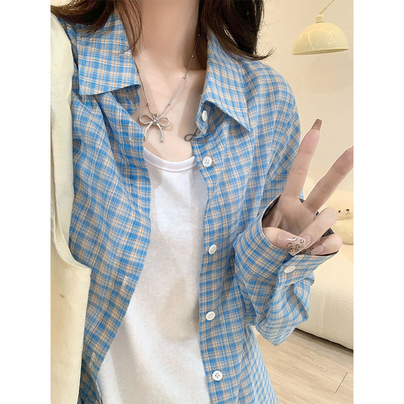 Blue Plaid Long Sleeve Shirt Women Loose Fit Top