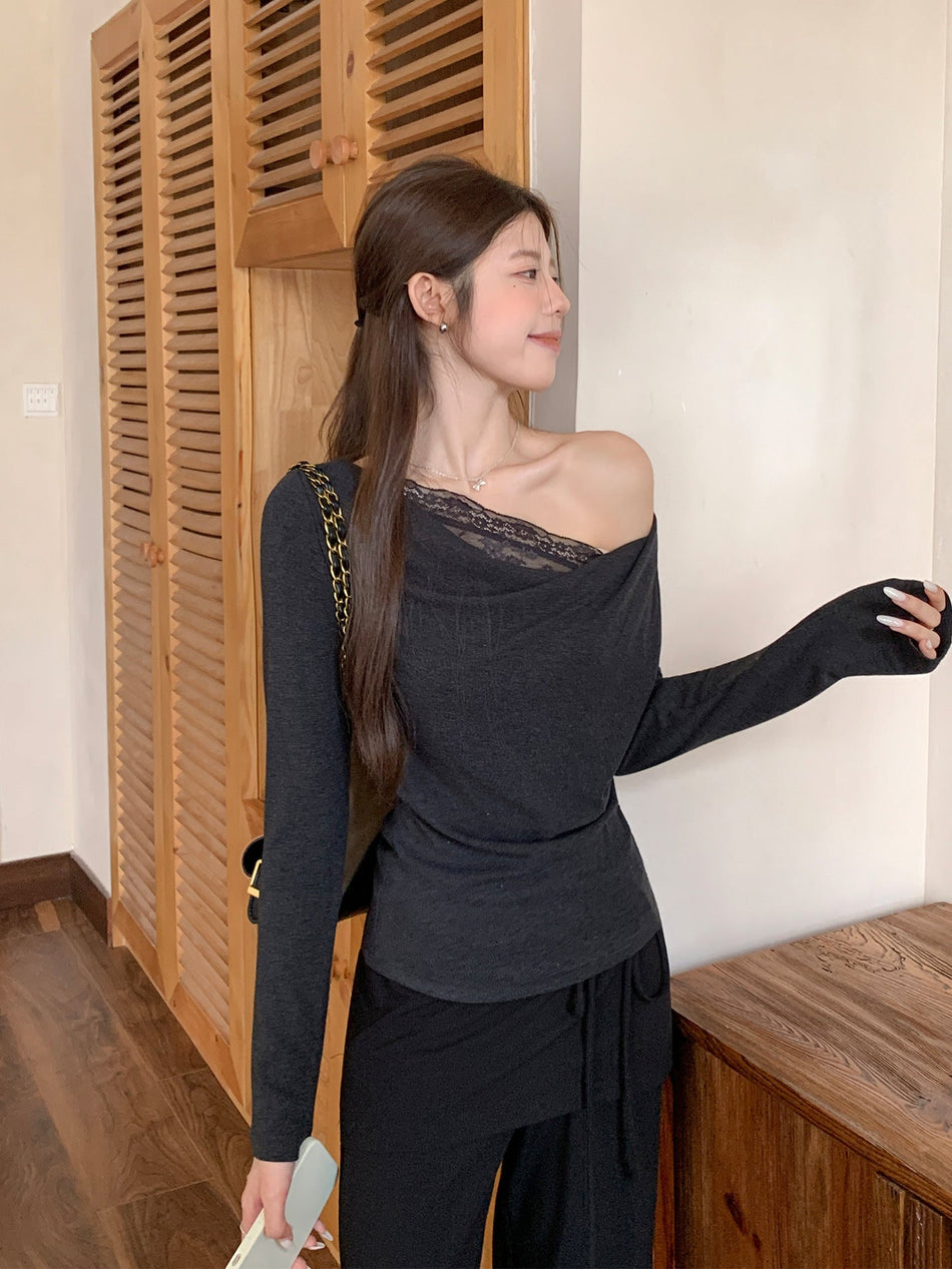 Dark Gray Lace Off Shoulder Slim T-Shirt Women