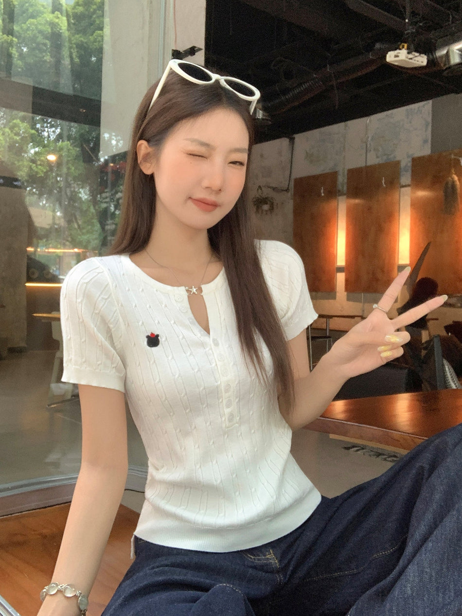 French Button Half Open Collar Slim T-Shirt Women