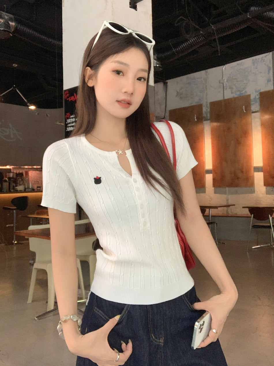 French Button Half Open Collar Slim T-Shirt Women