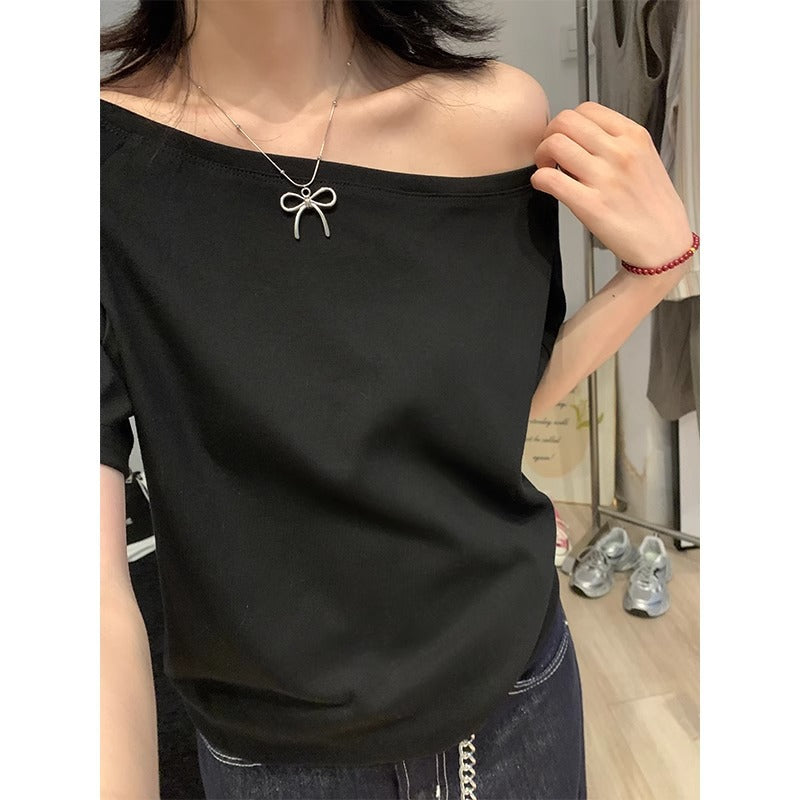 Off Shoulder Loose Solid Color T-Shirt Women Summer