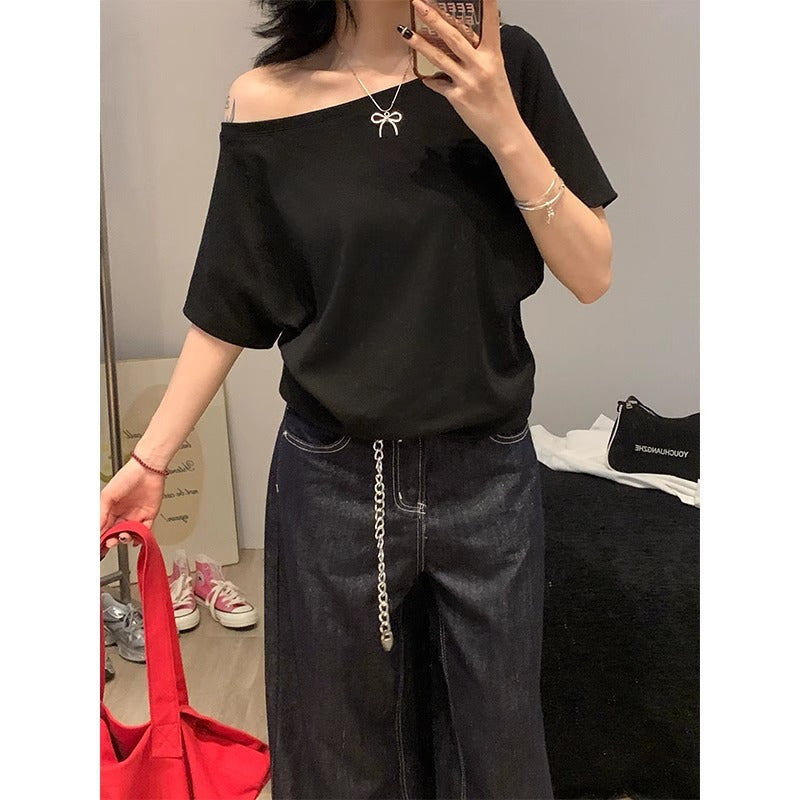 Off Shoulder Loose Solid Color T-Shirt Women Summer