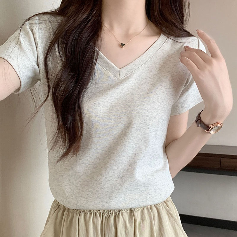 White V-Neck Cotton T-Shirt Women Summer Basic Top