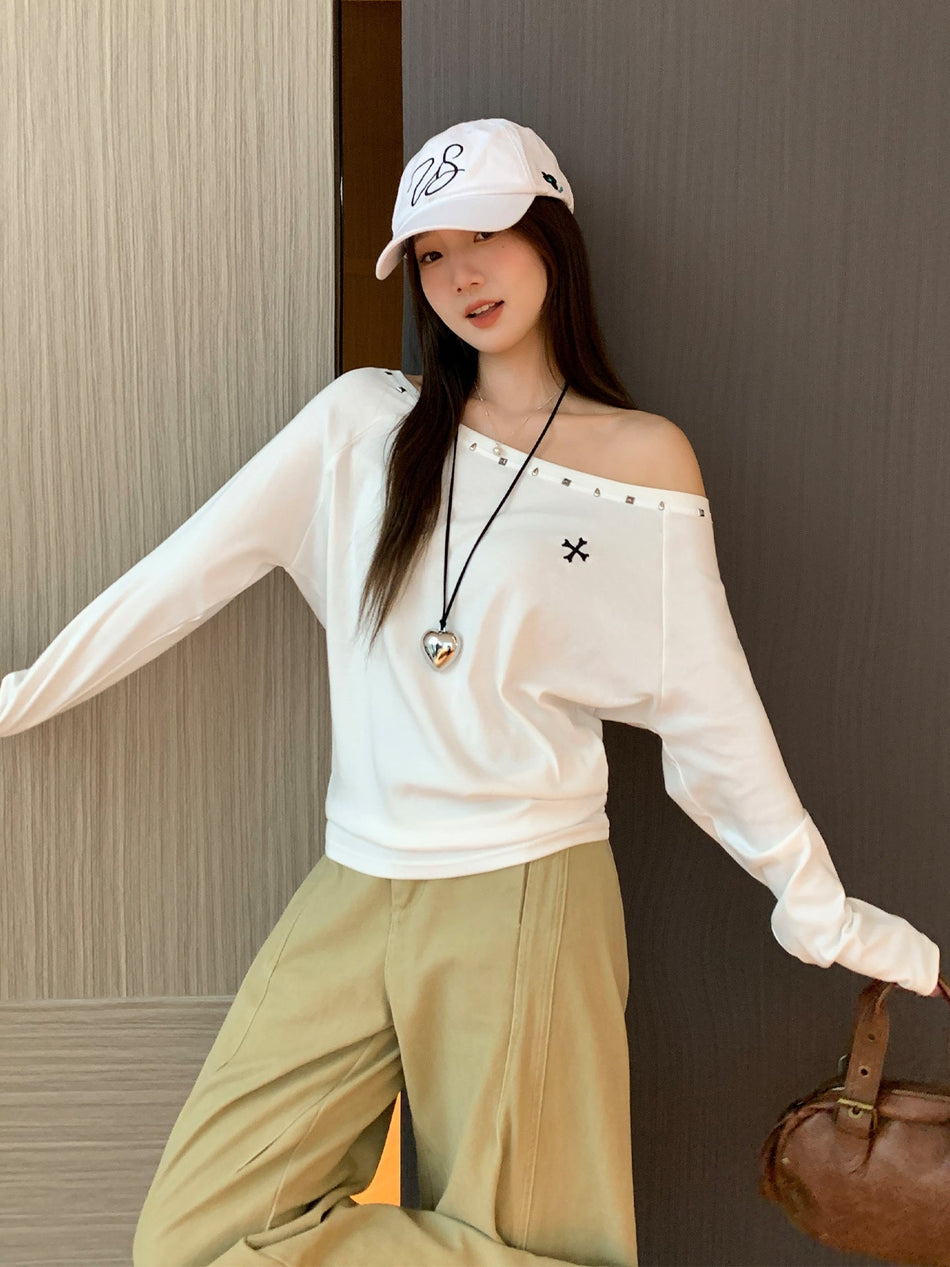 Off Shoulder Rhinestone Long Sleeve T-Shirt Women