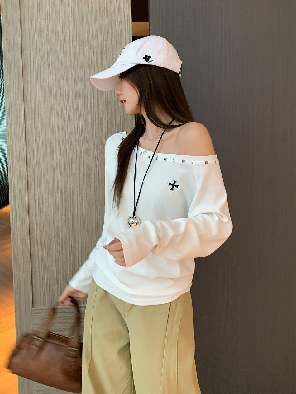 Off Shoulder Rhinestone Long Sleeve T-Shirt Women