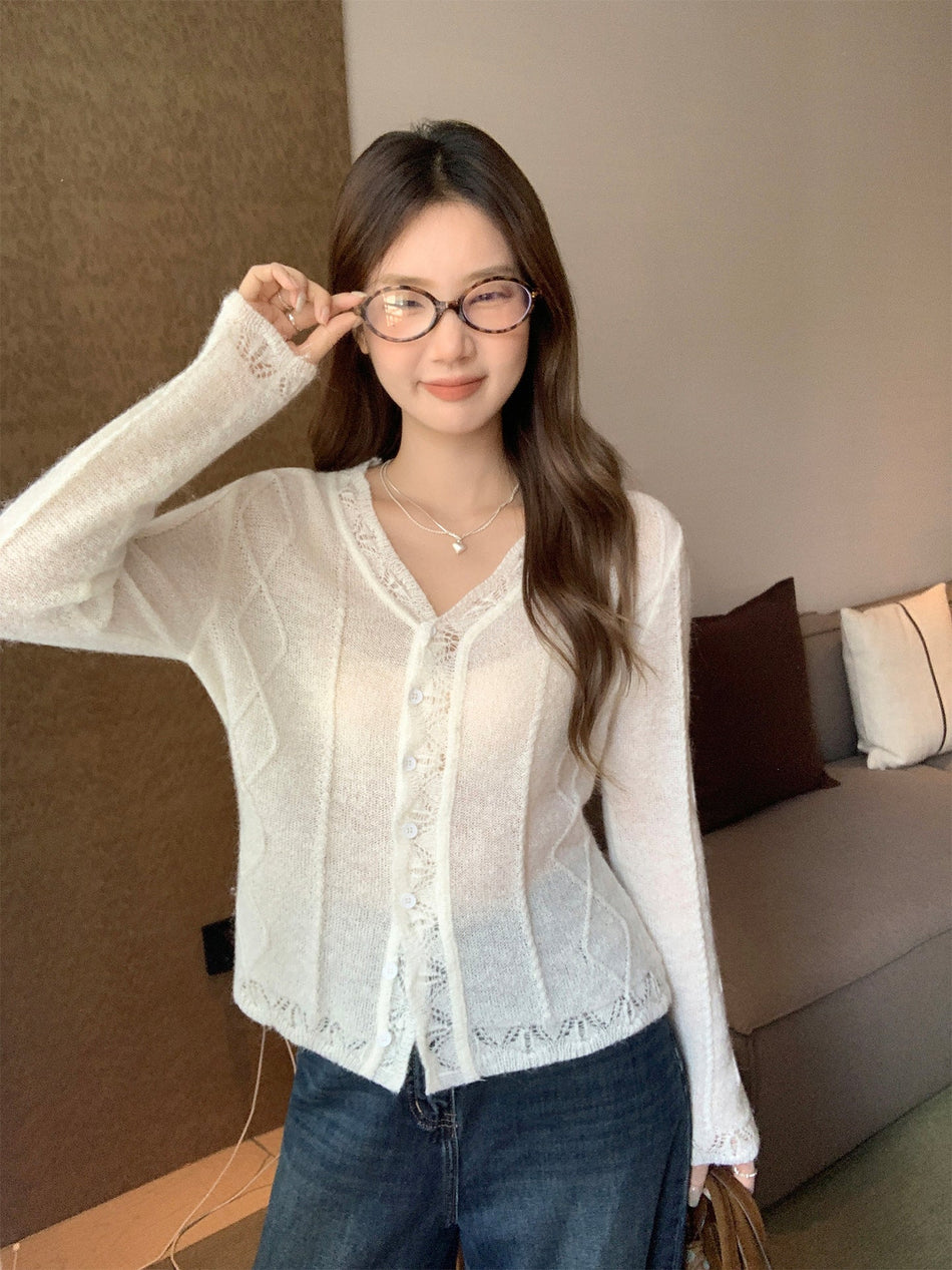 White Lace V-Neck Quilted Cardigan Women Autumn Top