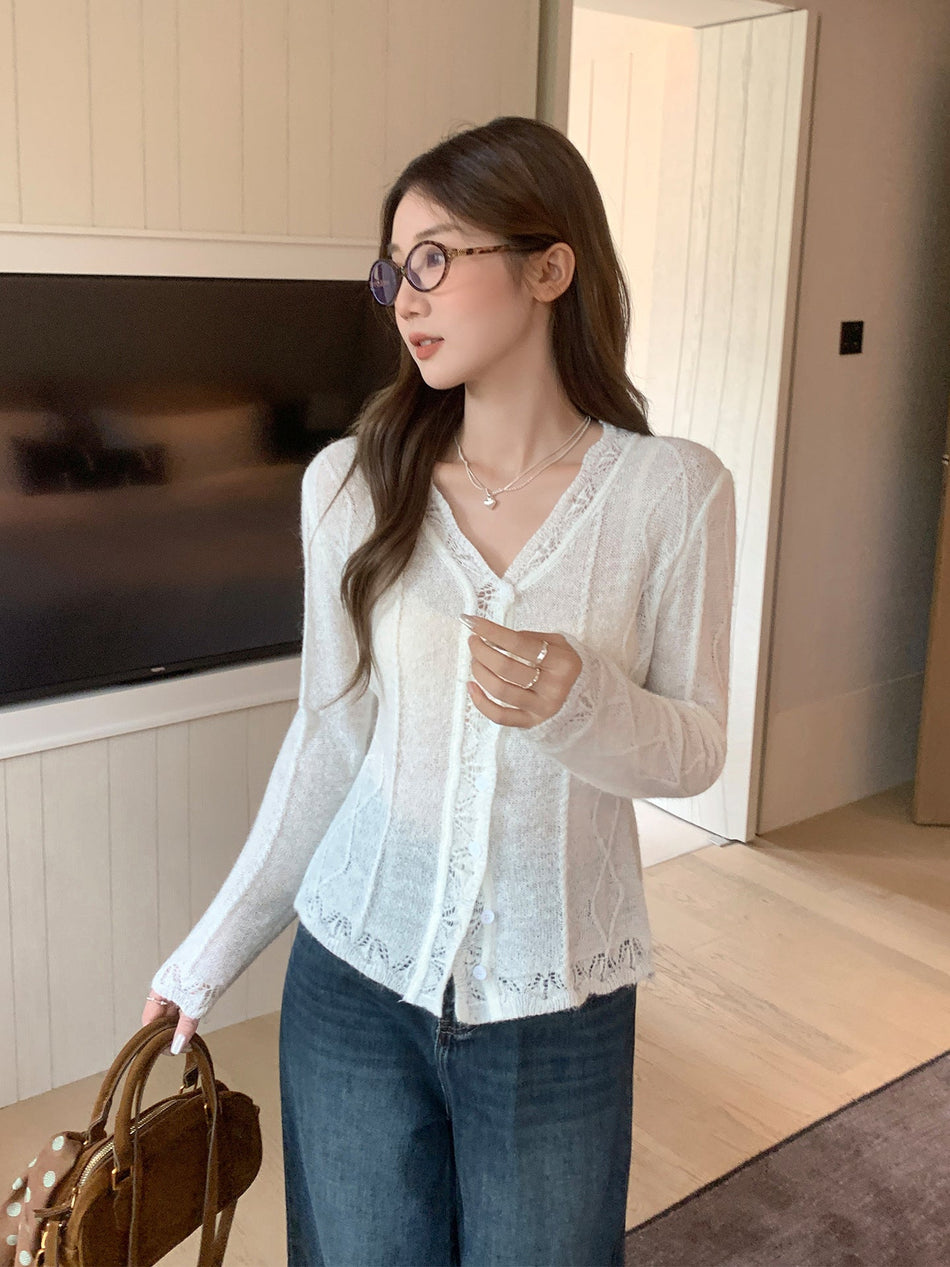 White Lace V-Neck Quilted Cardigan Women Autumn Top