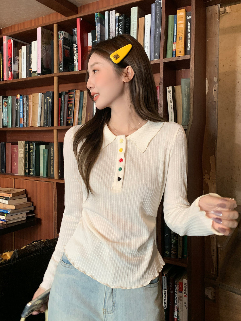 Polo Collar Pleated Long Sleeve T-Shirt Women Autumn