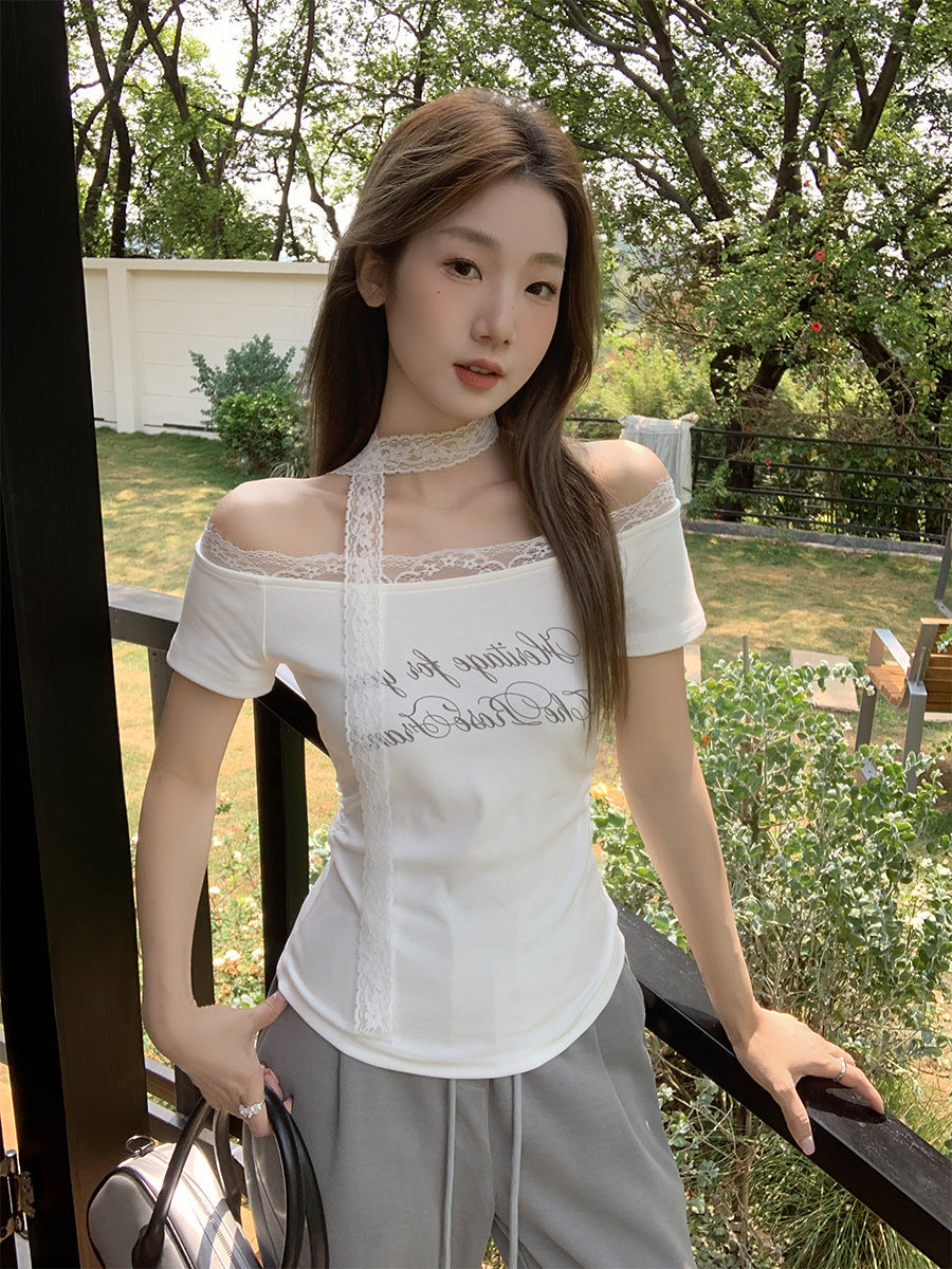 Off Shoulder Letter Print Pleated Slim T-Shirt Women