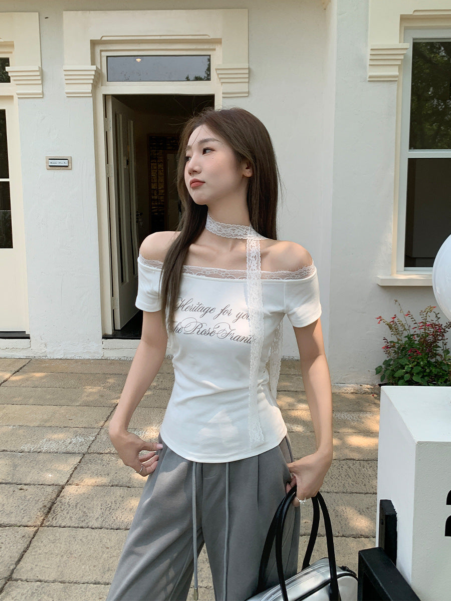 Off Shoulder Letter Print Pleated Slim T-Shirt Women