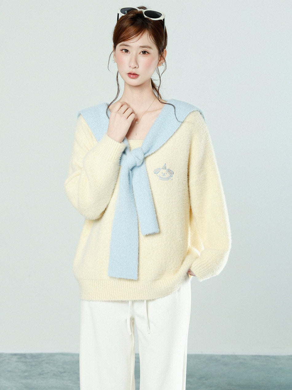 Milky Yellow U-Neck Knit Sweater Women Loose Fit Top
