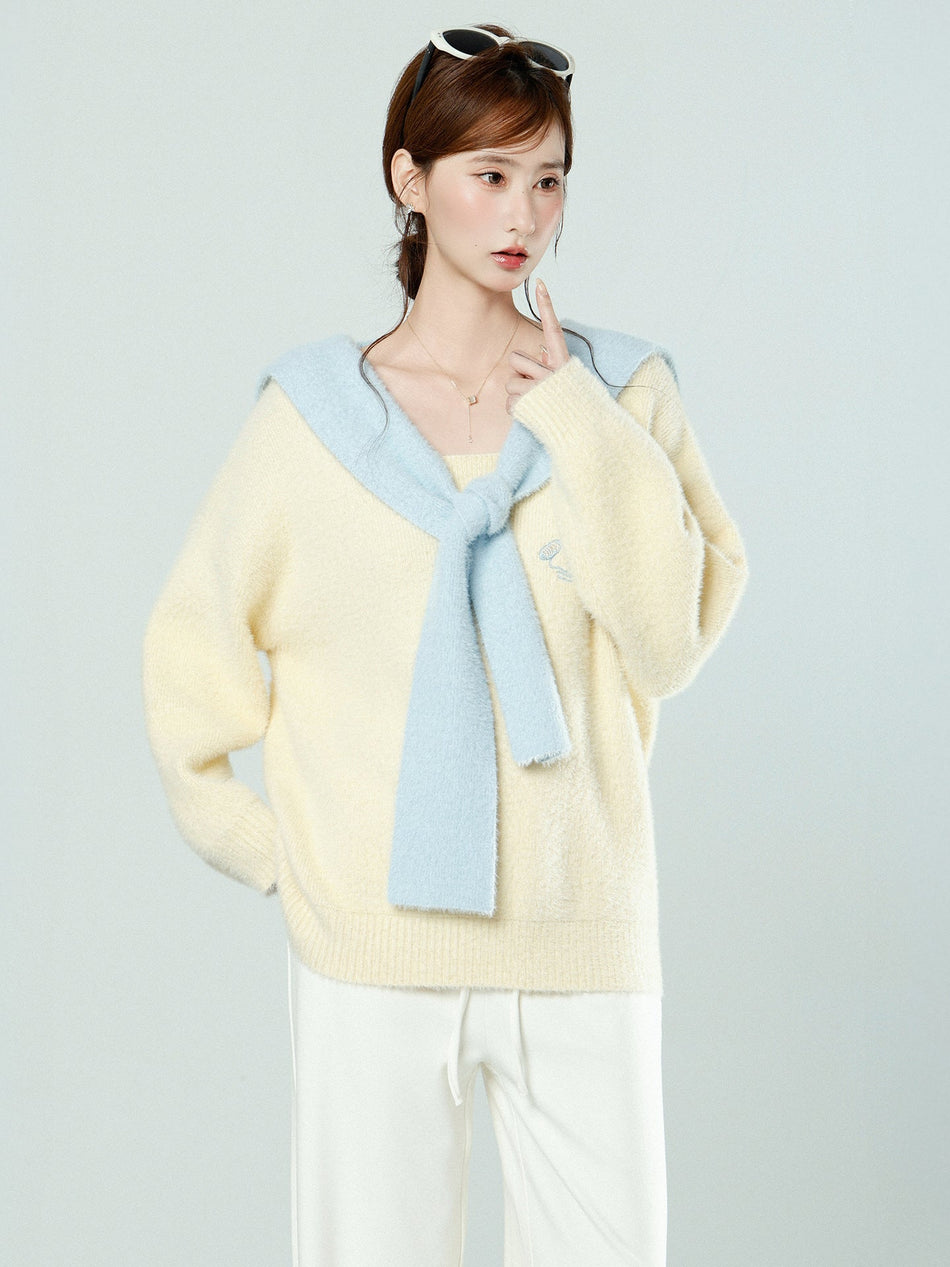 Milky Yellow U-Neck Knit Sweater Women Loose Fit Top