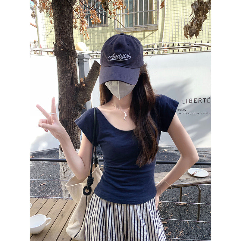 Blue Slub Cotton Slim Fit Short Sleeve Summer T-Shirt