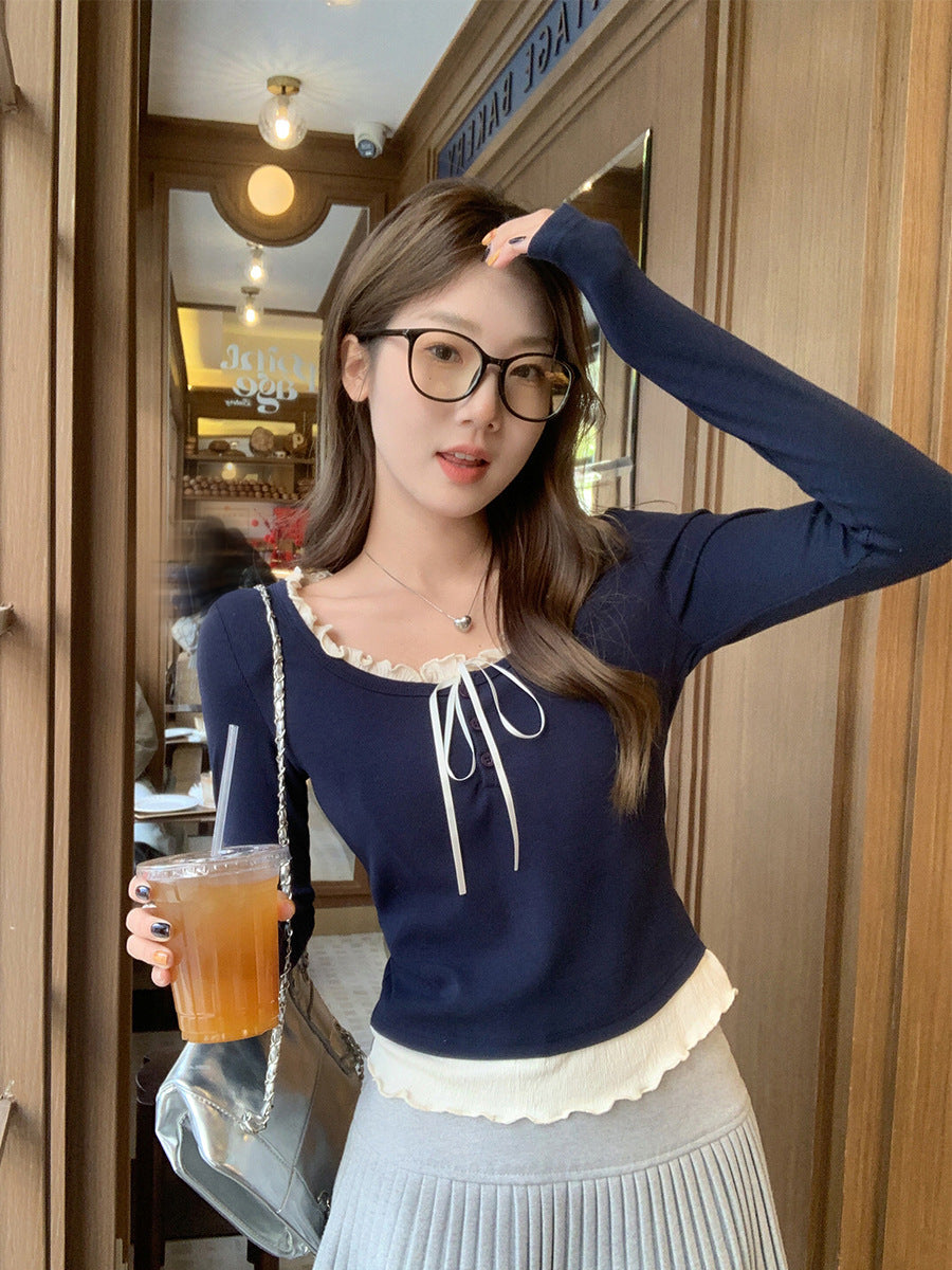 Navy Blue Ruffle Long Sleeve Korean Style Women Top