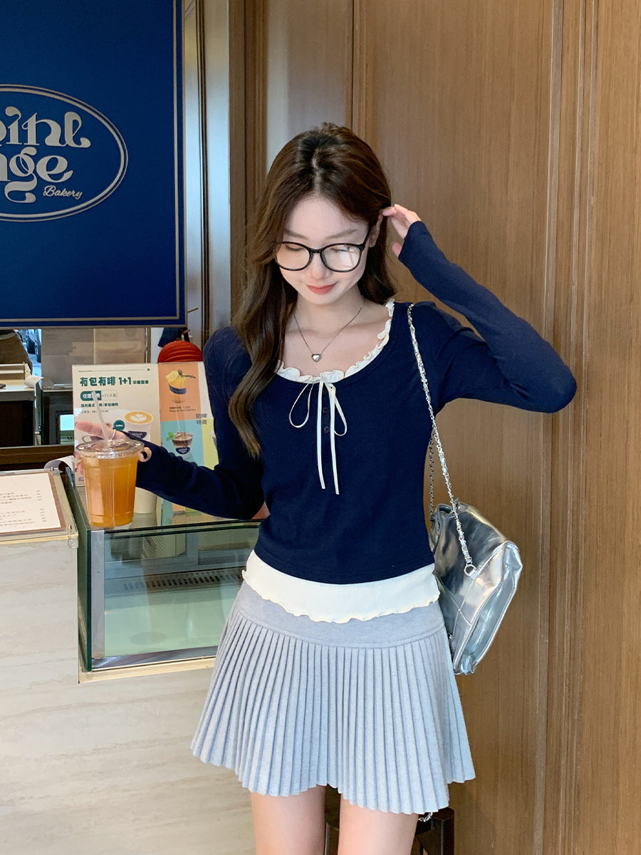 Navy Blue Ruffle Long Sleeve Korean Style Women Top