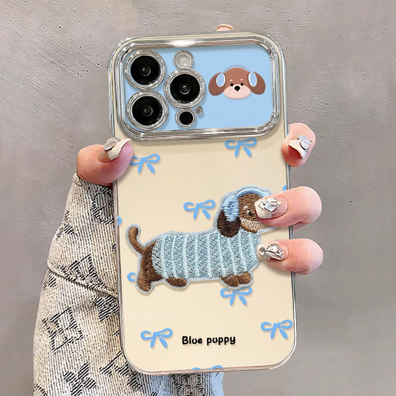 Embroidered Puppy Phone Case with Chain & Stand