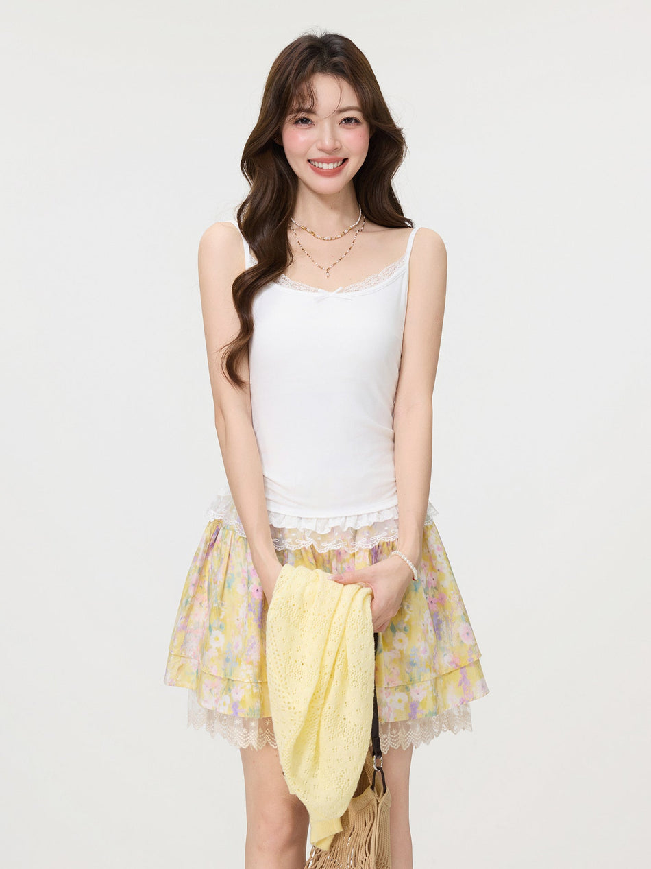 White Bow Lace Hem Slim Camisole Women Summer Top