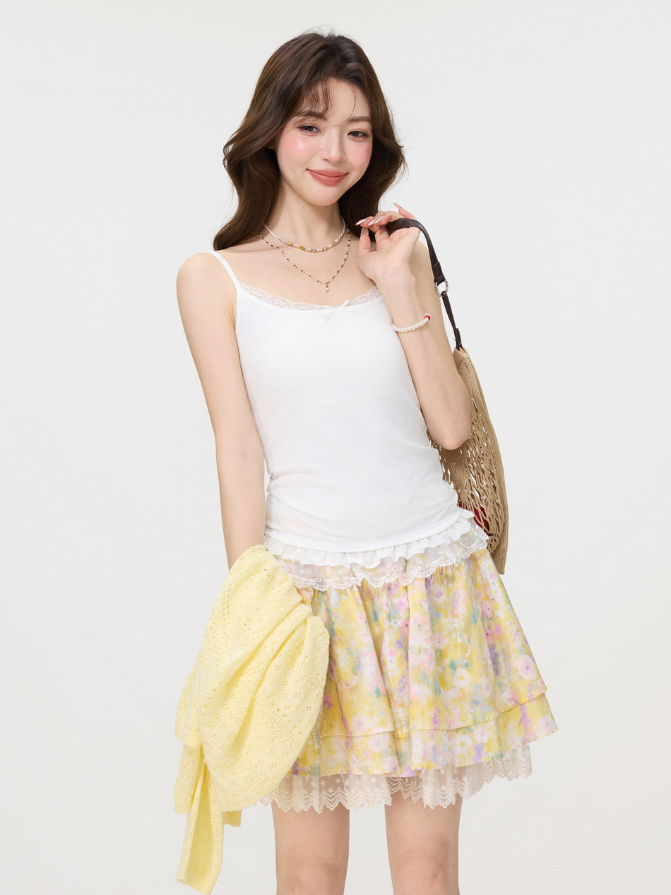 White Bow Lace Hem Slim Camisole Women Summer Top