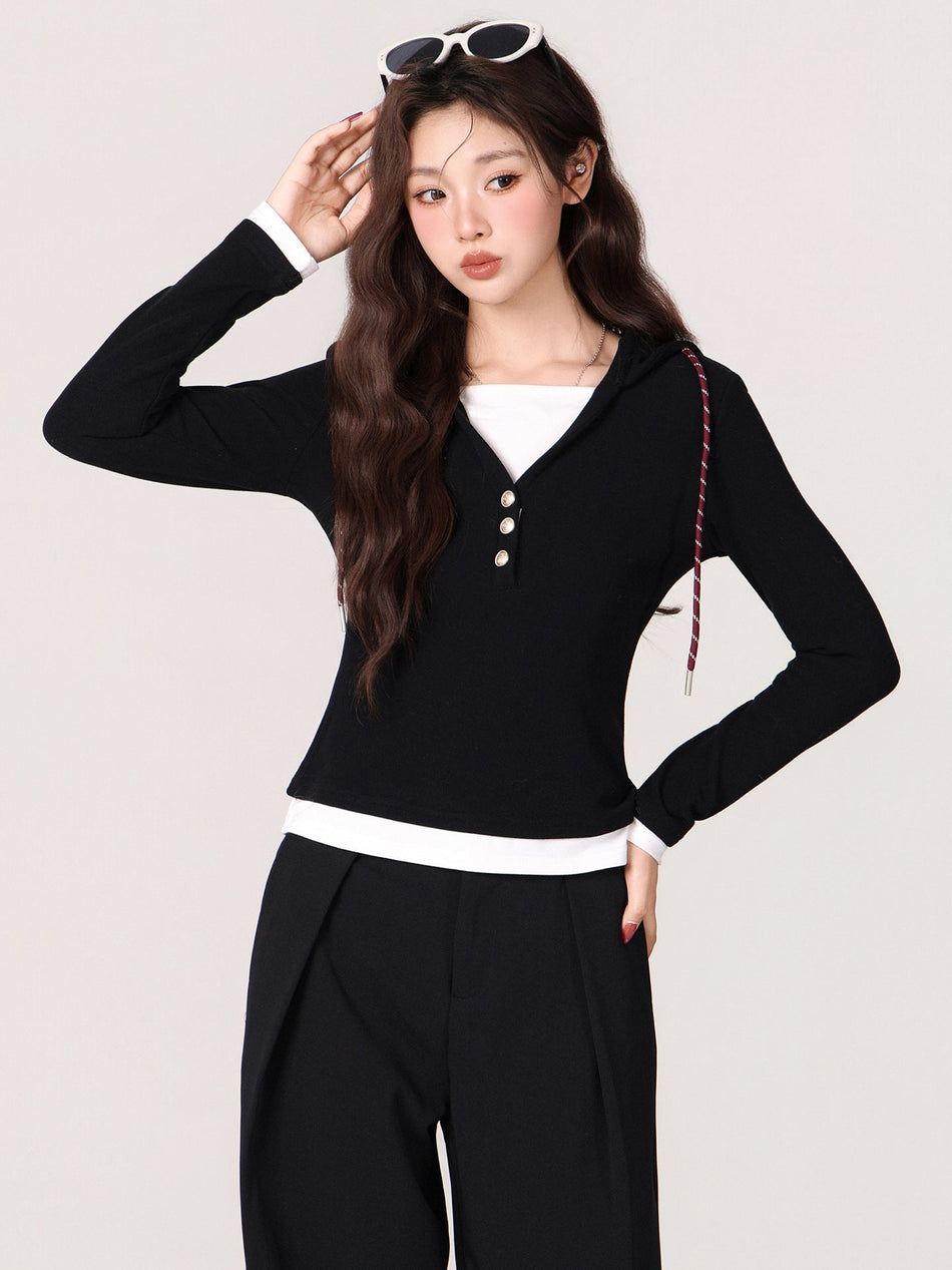 Color Block Hooded Slim Fit Women Long Sleeve Top