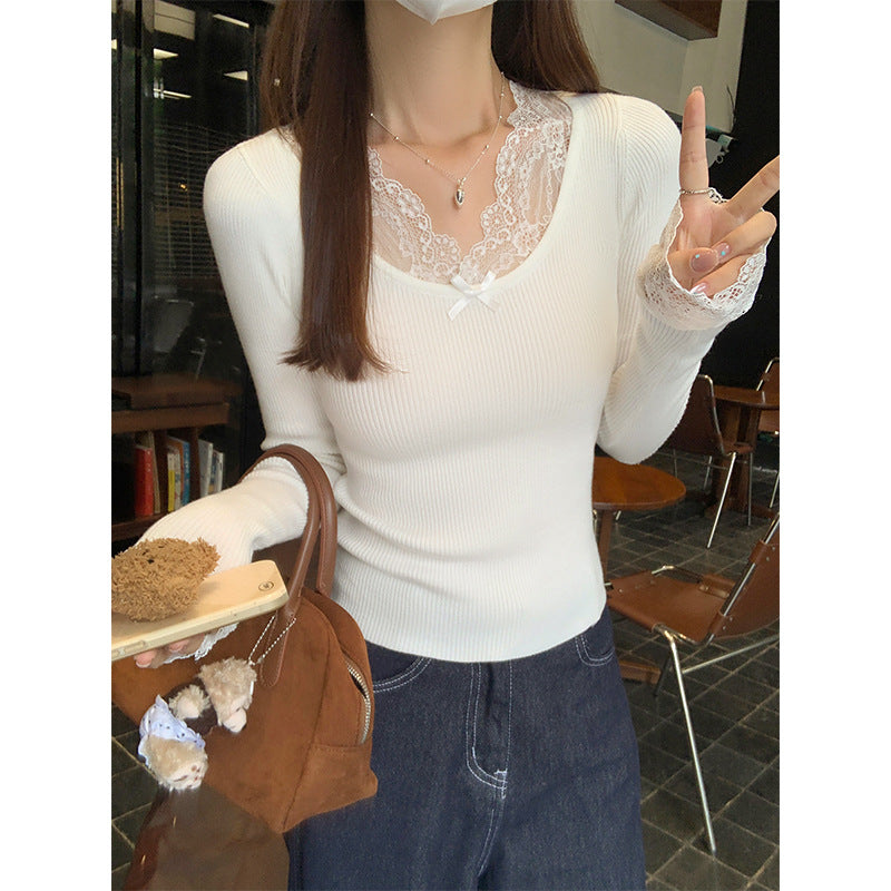 White Lace Bow Slim Fit Long Sleeve Women Top