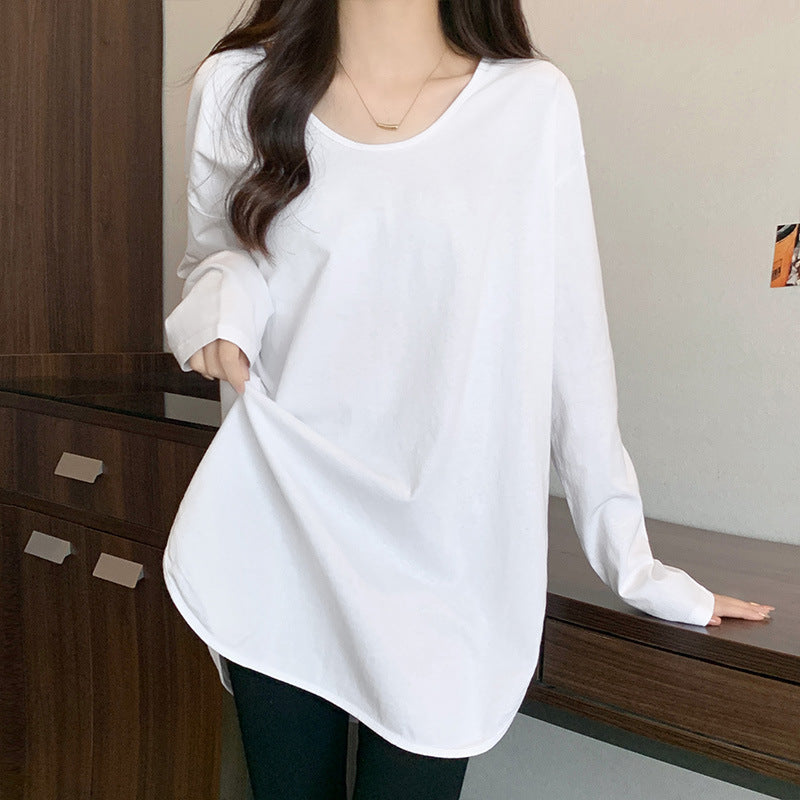 White U-Neck Split Long Sleeve Women Mid-Length Top