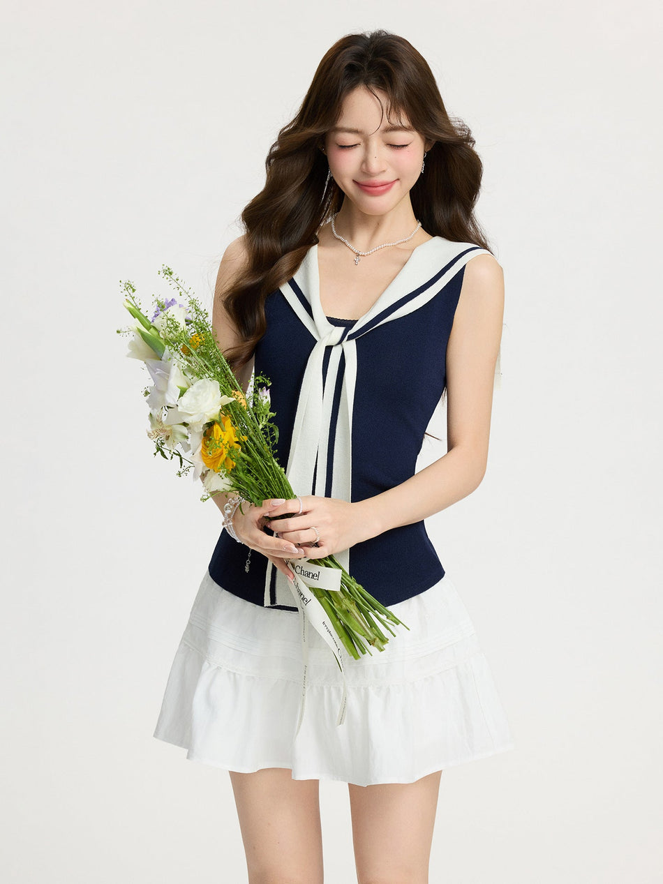 Dark Blue Knit Sleeveless Slim Vest Women Top
