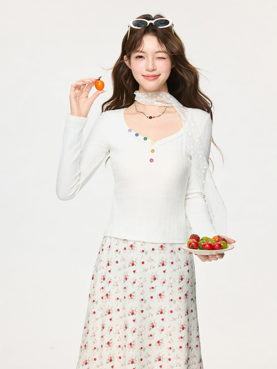 White V-Neck Slim Fit Button Long Sleeve Women Top