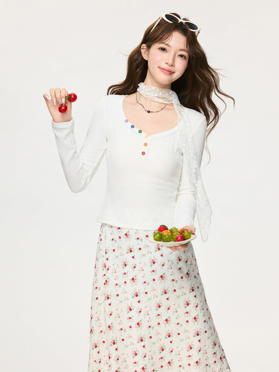 White V-Neck Slim Fit Button Long Sleeve Women Top