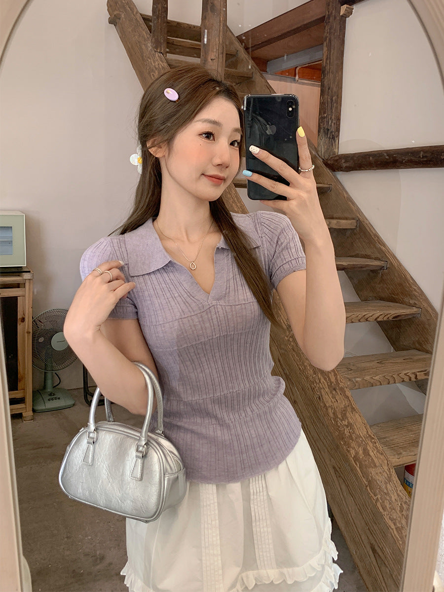 Polo Collar Knit Slim Fit Short Sleeve Women Top