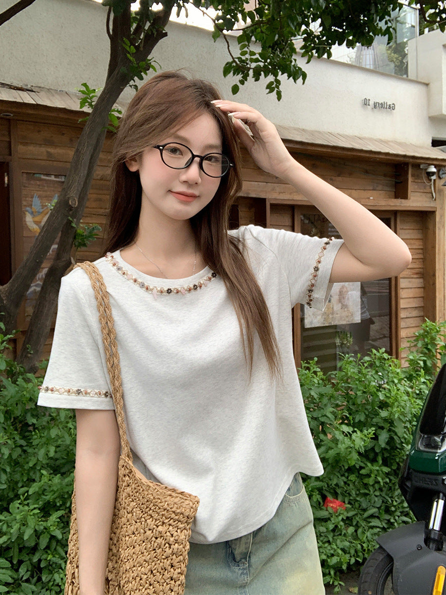 Korean Beaded Chic Slim Fit Women Summer T-Shirt