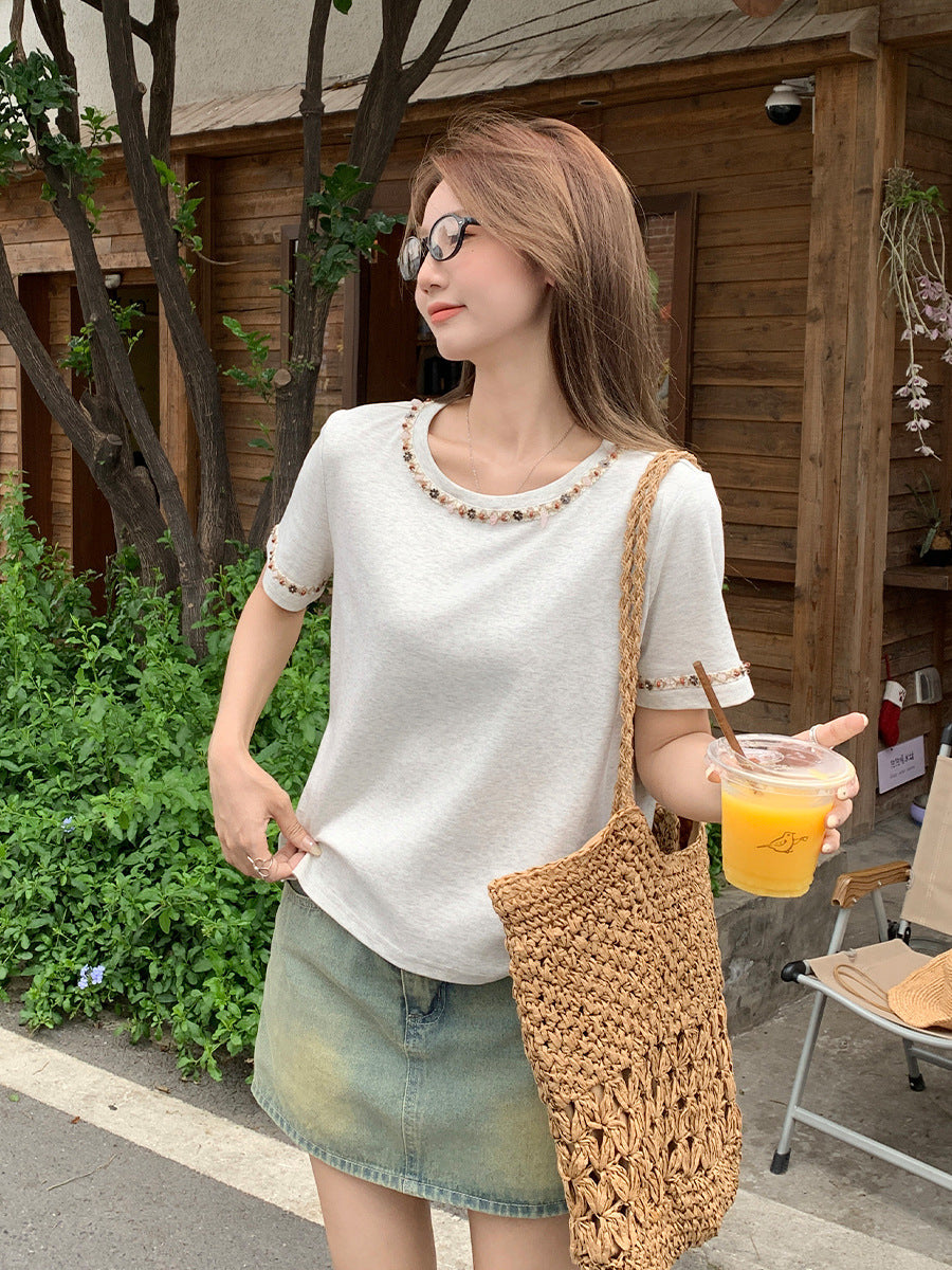 Korean Beaded Chic Slim Fit Women Summer T-Shirt