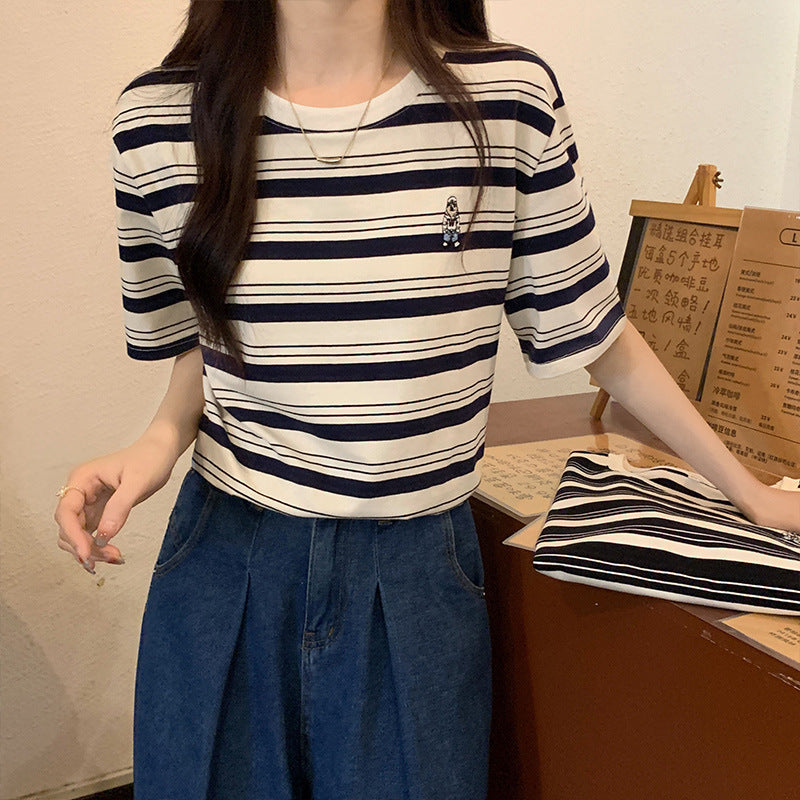 Striped Loose Fit Embroidered Women Summer T-Shirt