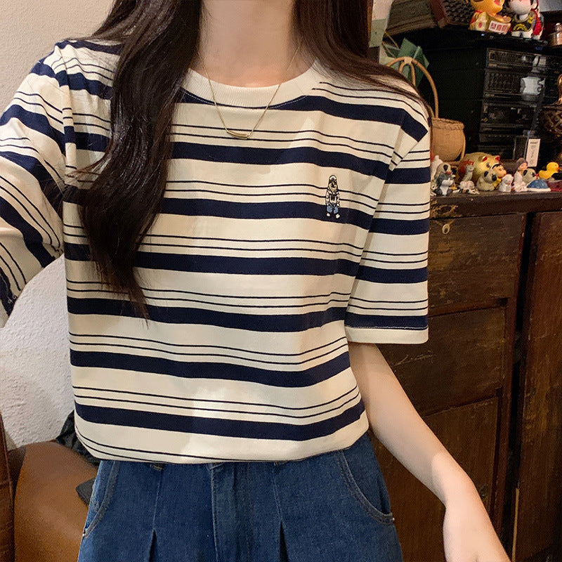 Striped Loose Fit Embroidered Women Summer T-Shirt