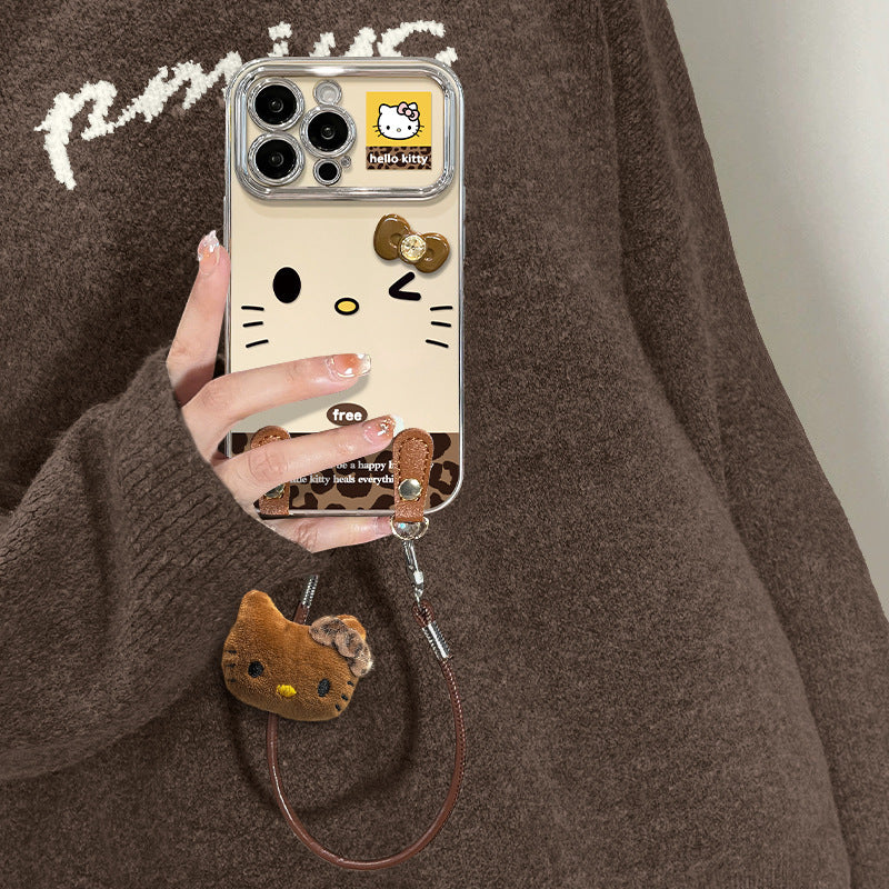 Leopard KT Cat Lanyard Phone Case with Bow