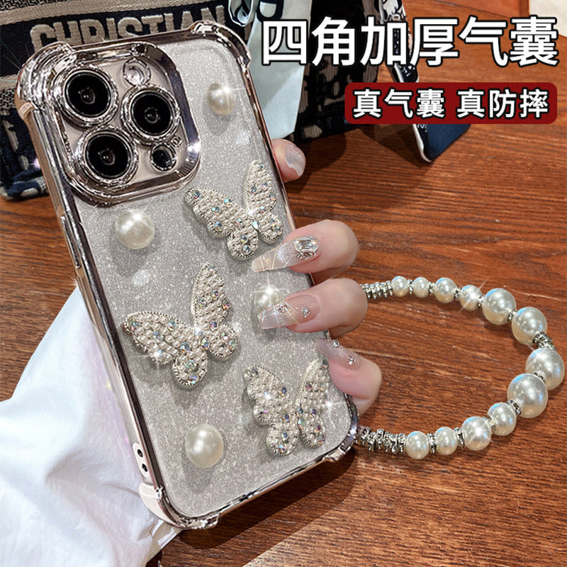 Butterfly Pearl Phone Case with Bracelet & Glitter