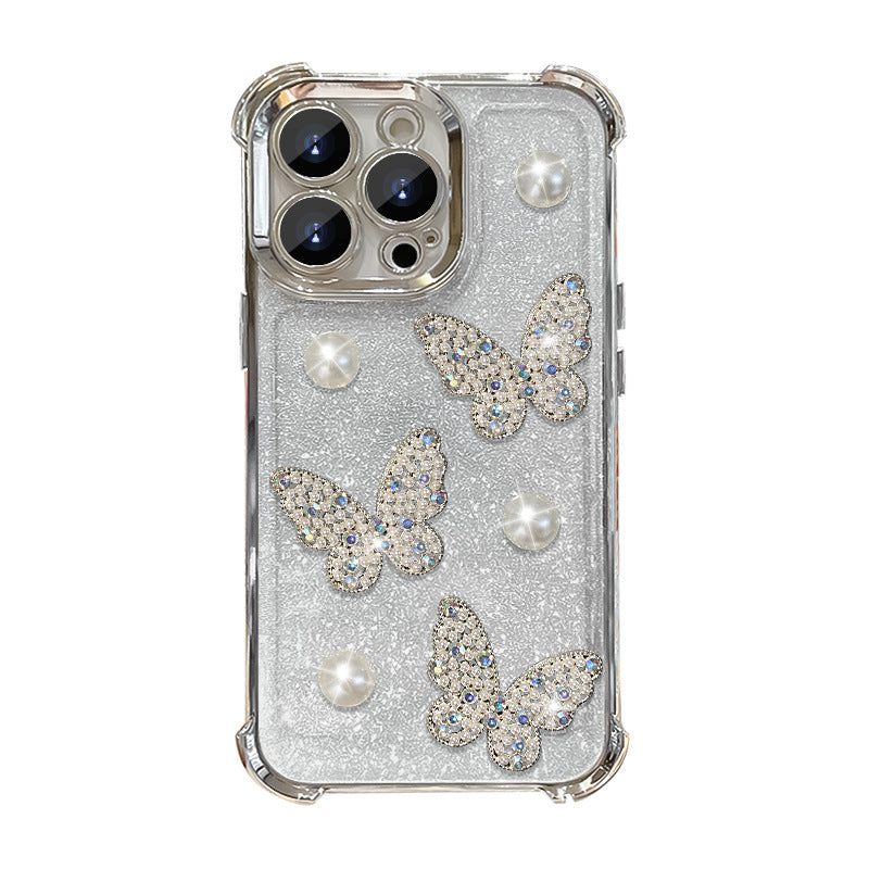 Butterfly Pearl Phone Case with Bracelet & Glitter