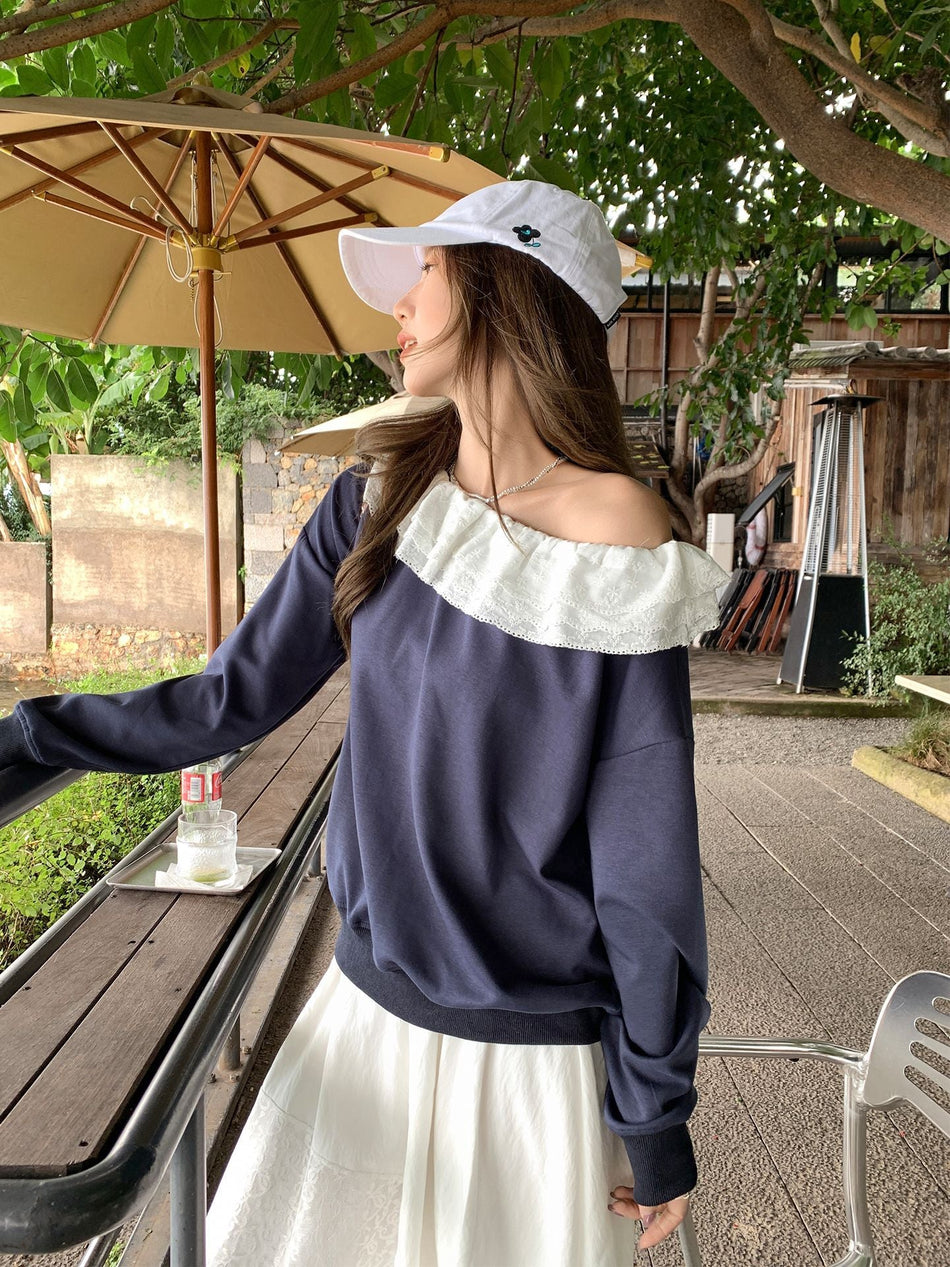 Navy Blue Off-Shoulder Lace Women Long Sleeve Top