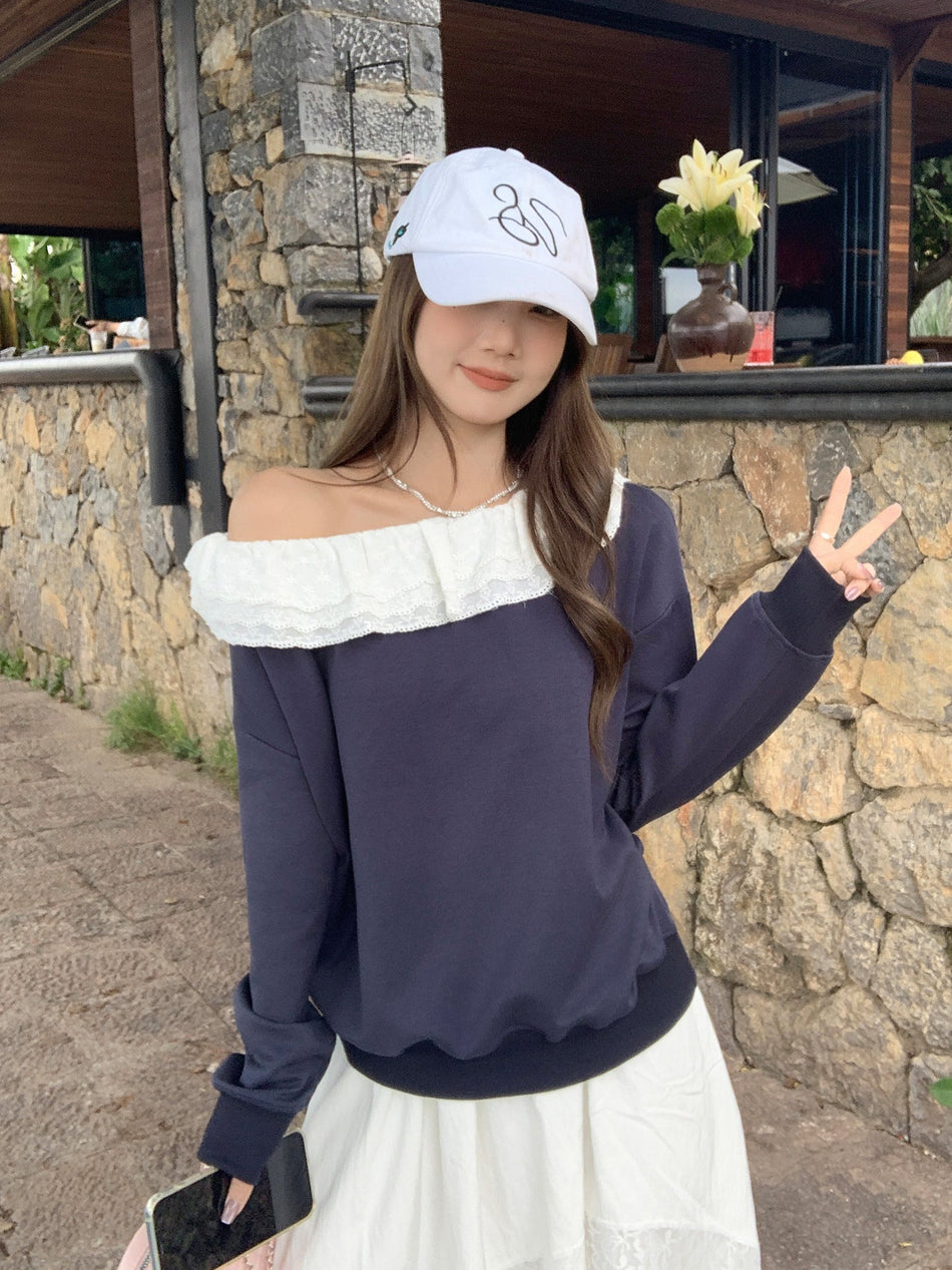 Navy Blue Off-Shoulder Lace Women Long Sleeve Top