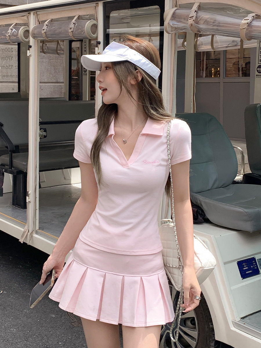Pink Polo Lapel Slim Fit Women Summer T-Shirt