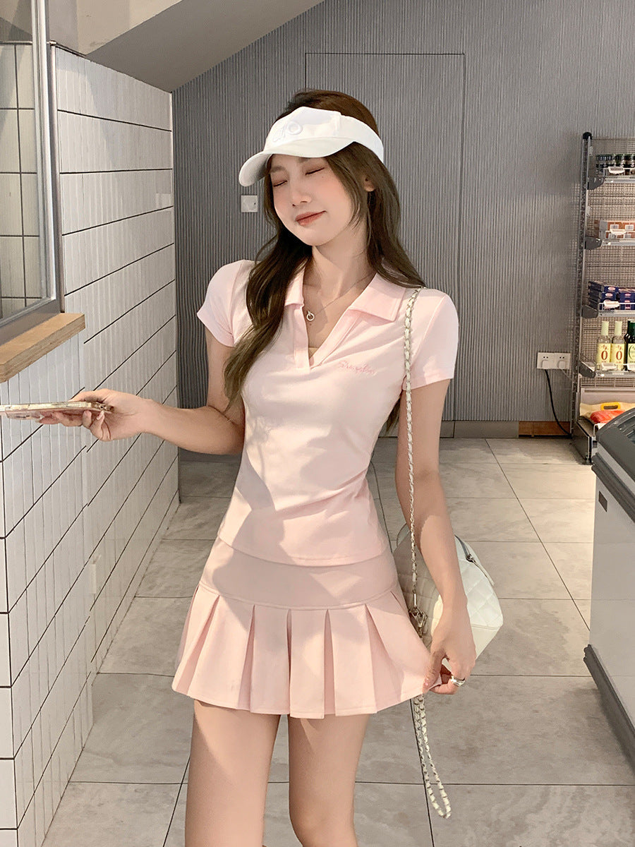 Pink Polo Lapel Slim Fit Women Summer T-Shirt