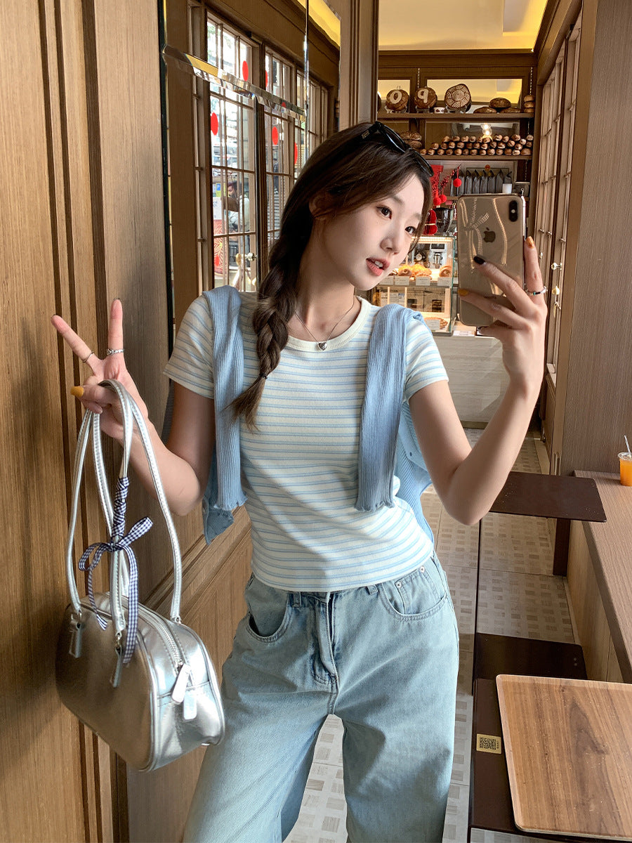 Striped Round Neck Slim Fit Women Summer T-Shirt
