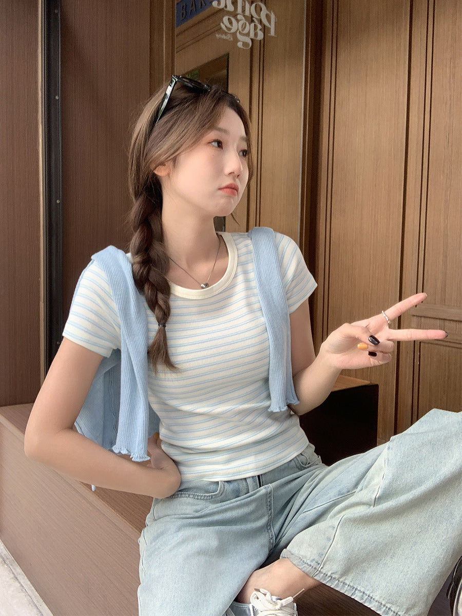 Striped Round Neck Slim Fit Women Summer T-Shirt